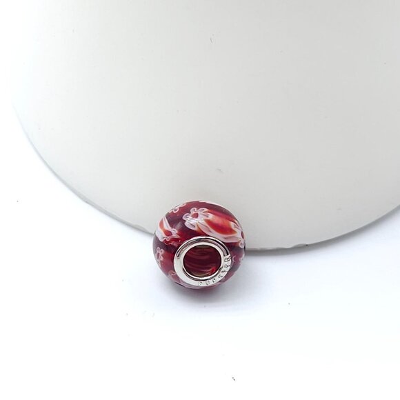 Sterling Silver Red Floral Murano Glass Bracelet Charm Bead - Picture 6 of 6